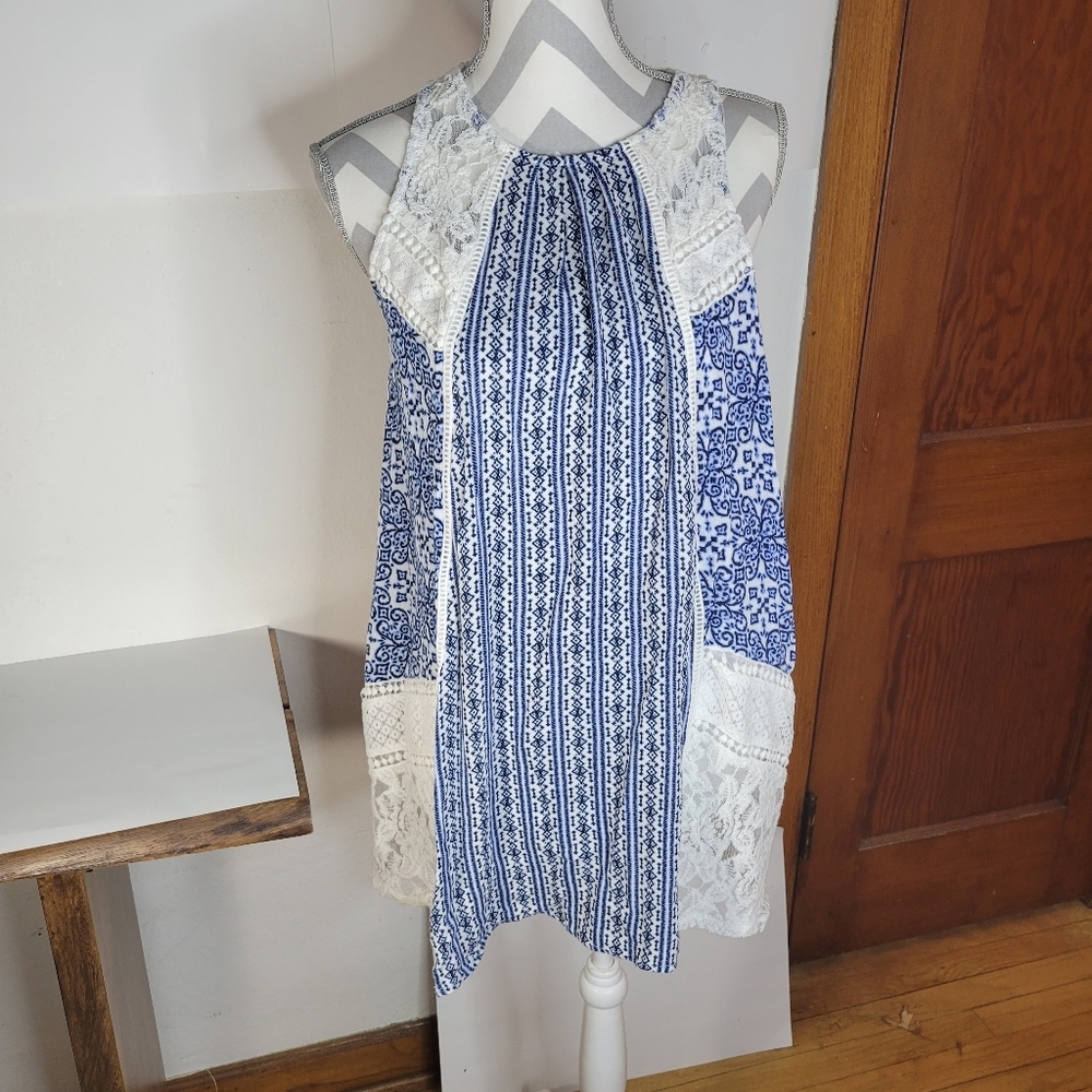 Womens Altar'd State Blue/lace Mini Sleeveless Dress Keyhole button back Size M
